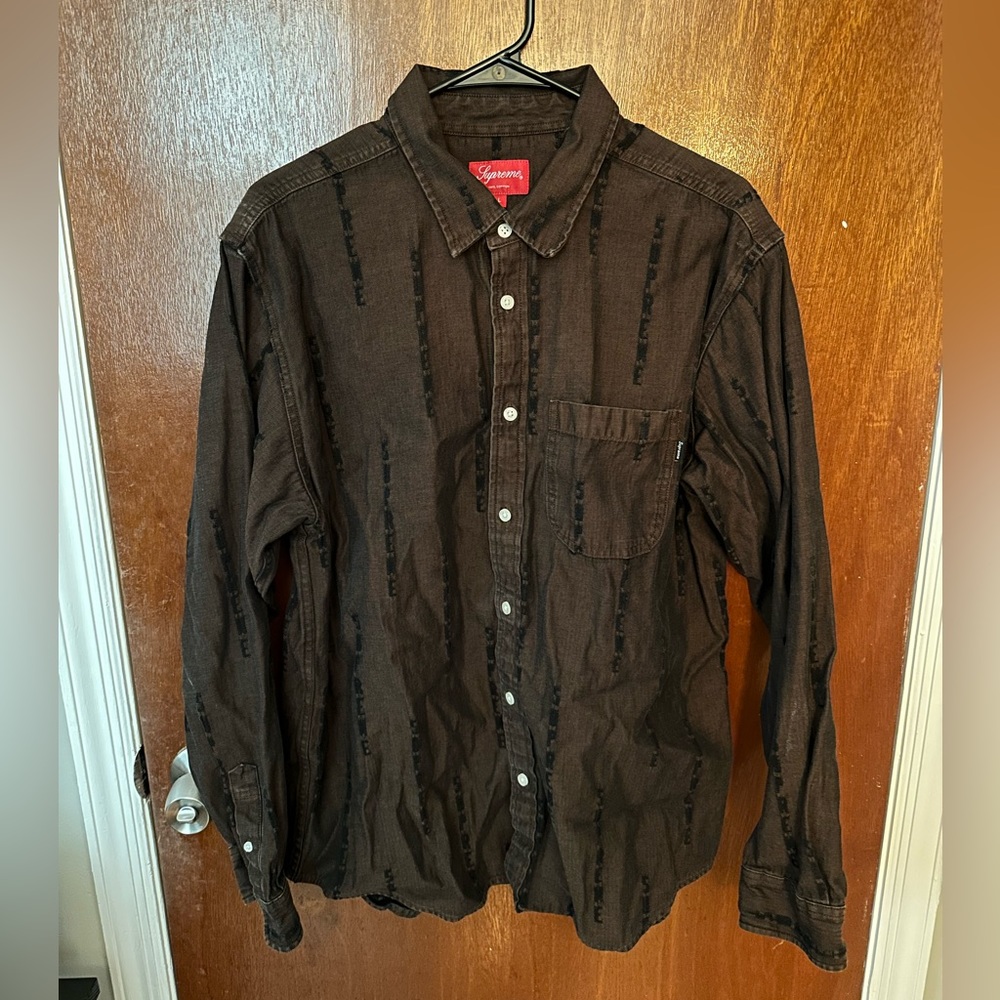 Supreme logo stripe jacquard denim button up shirt brown/black size large